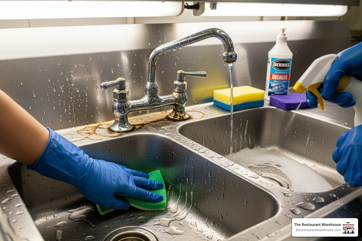 Gloved hands cleaning a stainless steel commercial sink - commercial utility sink