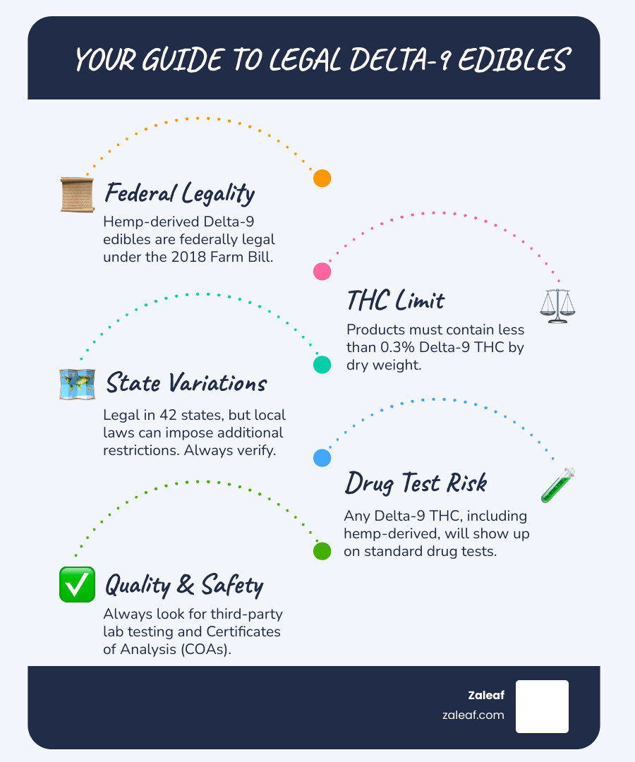 Infographic showing the legal framework for Delta-9 edibles, including the 2018 Farm Bill requirements, the 0.3% THC dry weight limit, state-by-state legal status map, and key safety considerations for consumers - delta-9 edibles legal infographic infographic-line-5-steps-blues-accent_colors Infographic showing the legal framework for Delta-9 edibles, including the 2018 Farm Bill requirements, the 0.3% THC dry weight limit, state-by-state legal status map, and key safety considerations for consumers - delta-9 edibles legal infographic infographic-line-5-steps-blues-accent_colors