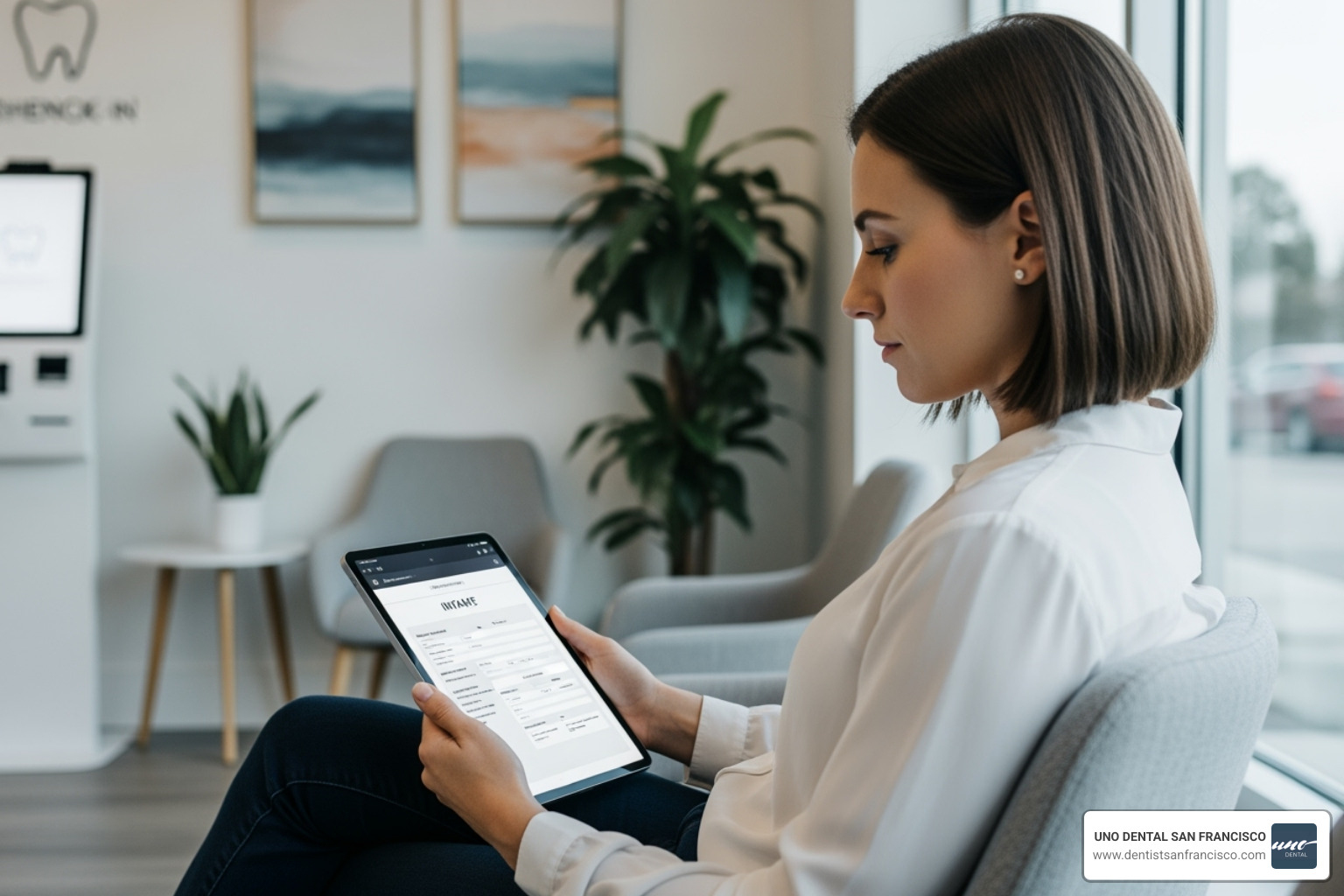 Patient filling out online intake form - book online dental appointment