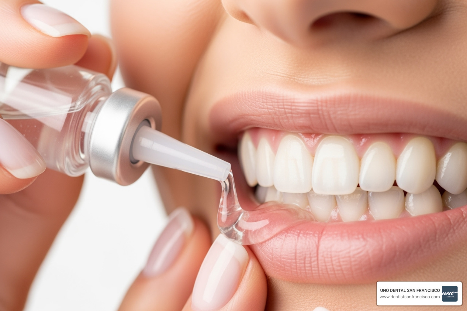 image demonstrating the simple application of the GLO whitening gel from a vial onto teeth. - glo teeth whitening dentist