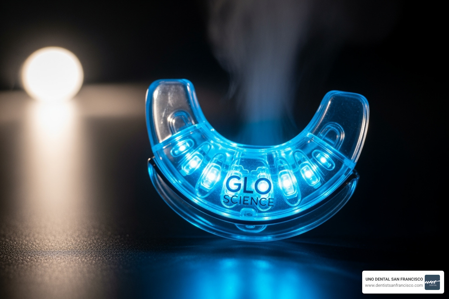 image of the GLO Science wireless mouthpiece glowing with its signature blue light. - glo teeth whitening dentist