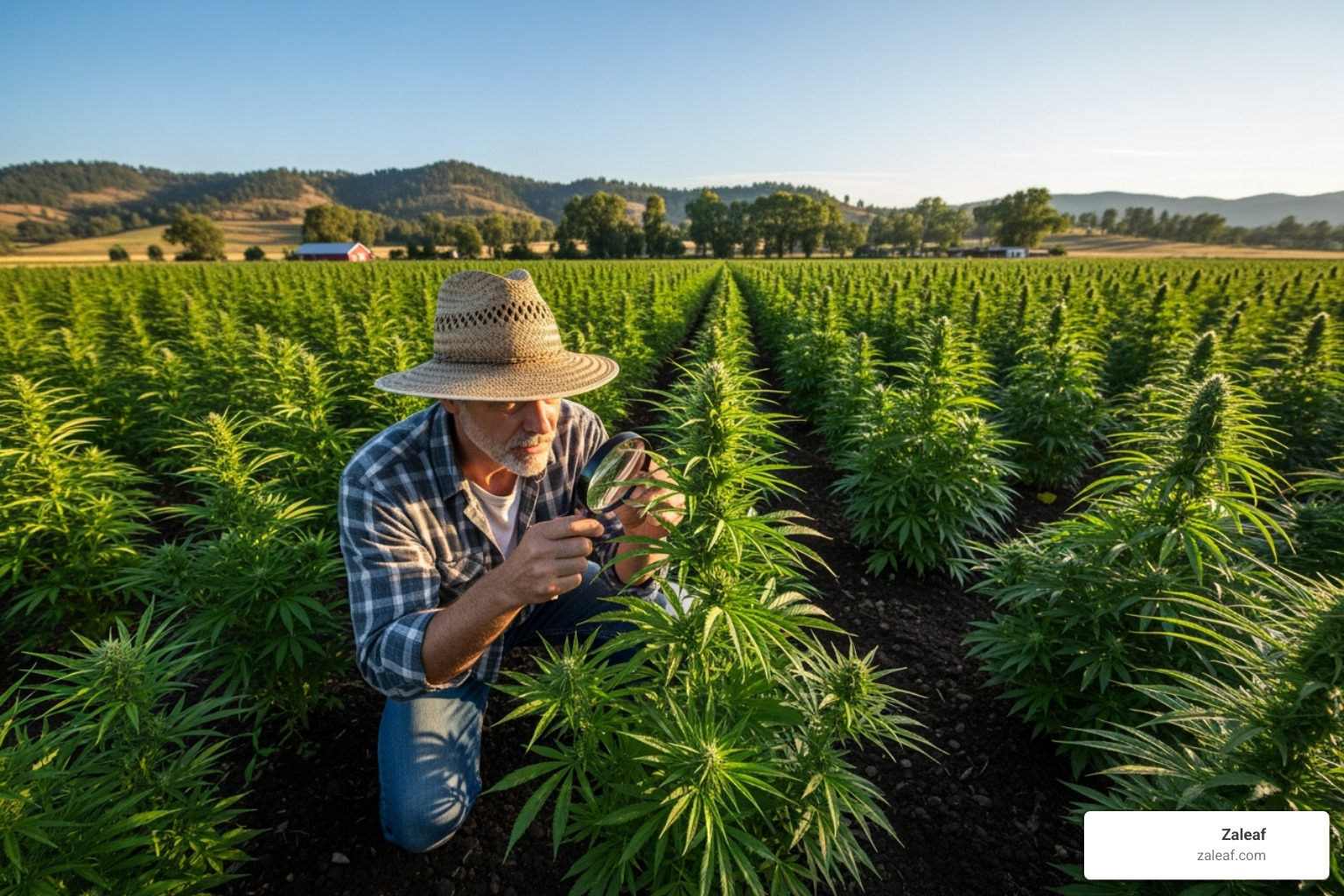 A farmer inspecting a hemp crop in a field - Farm Bill compliant