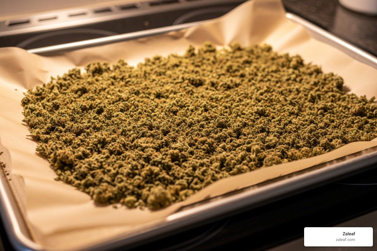 Cannabis flower spread on a baking sheet, ready for decarboxylation in the oven - canna chocolate Cannabis flower spread on a baking sheet, ready for decarboxylation in the oven - canna chocolate