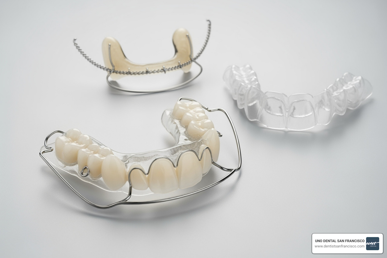 Image showing different types of retainers: Hawley, Essix, and Fixed Lingual - Braces relapse treatment