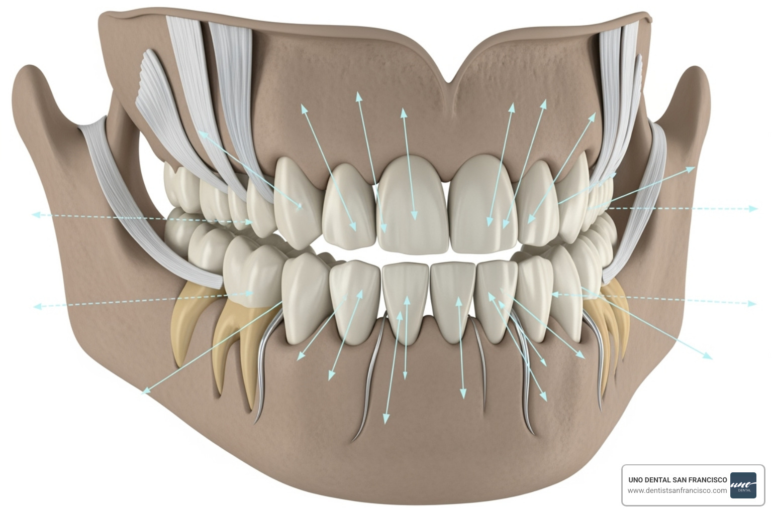 Illustration showing teeth shifting back due to pressure from periodontal ligaments and surrounding muscles - Braces relapse treatment