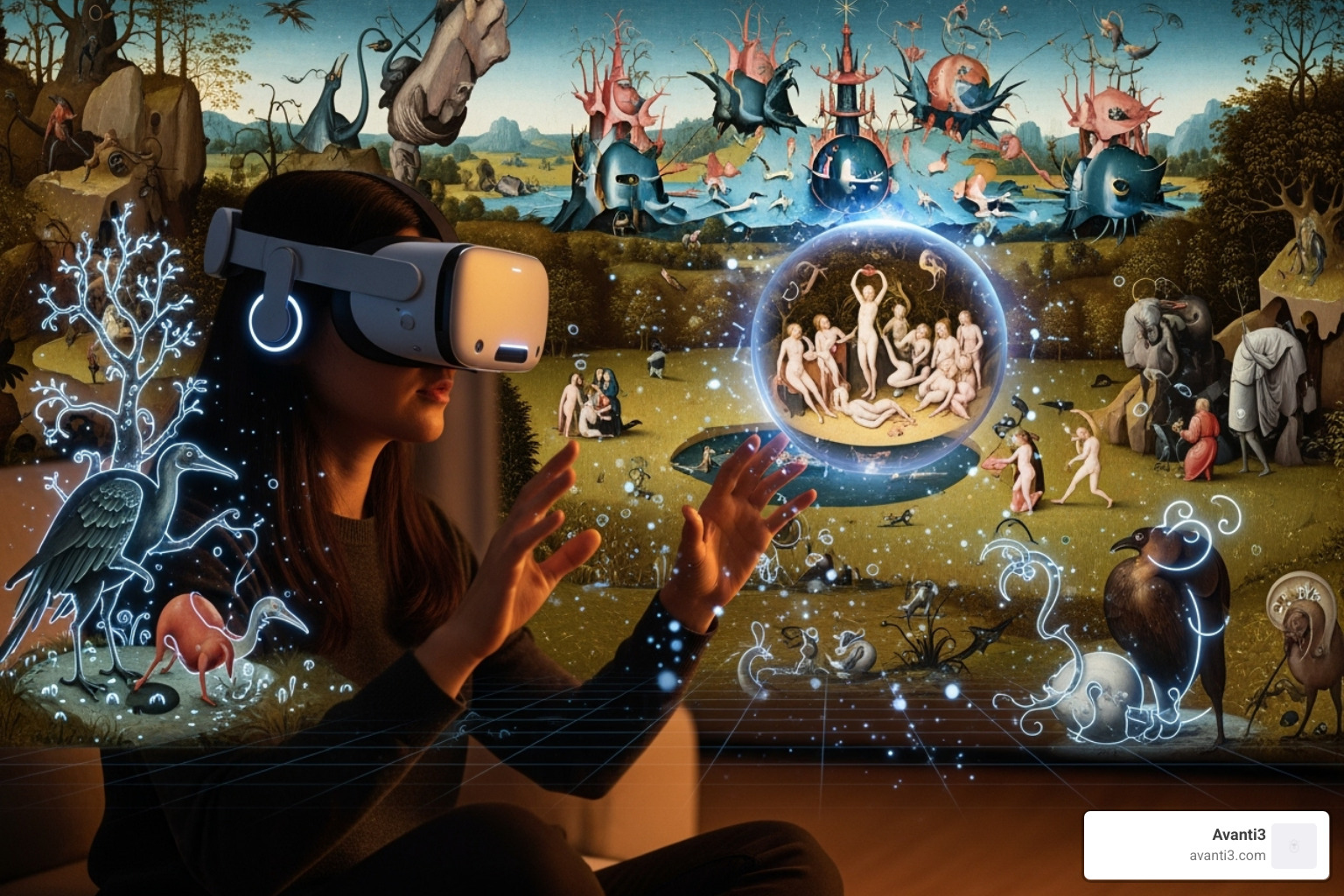 a user virtually interacting with a classic painting like Bosch's 'The Garden of Earthly Delights' - virtual reality art exhibitions and masterpieces a user virtually interacting with a classic painting like Bosch's 'The Garden of Earthly Delights' - virtual reality art exhibitions and masterpieces