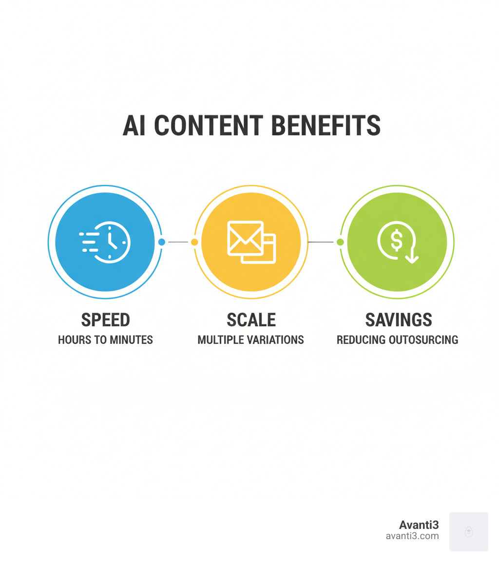 key benefits of AI in content production: Speed (hours to minutes), Scale (generating multiple variations), and Savings (reducing outsourcing costs) - AI content generation infographic 