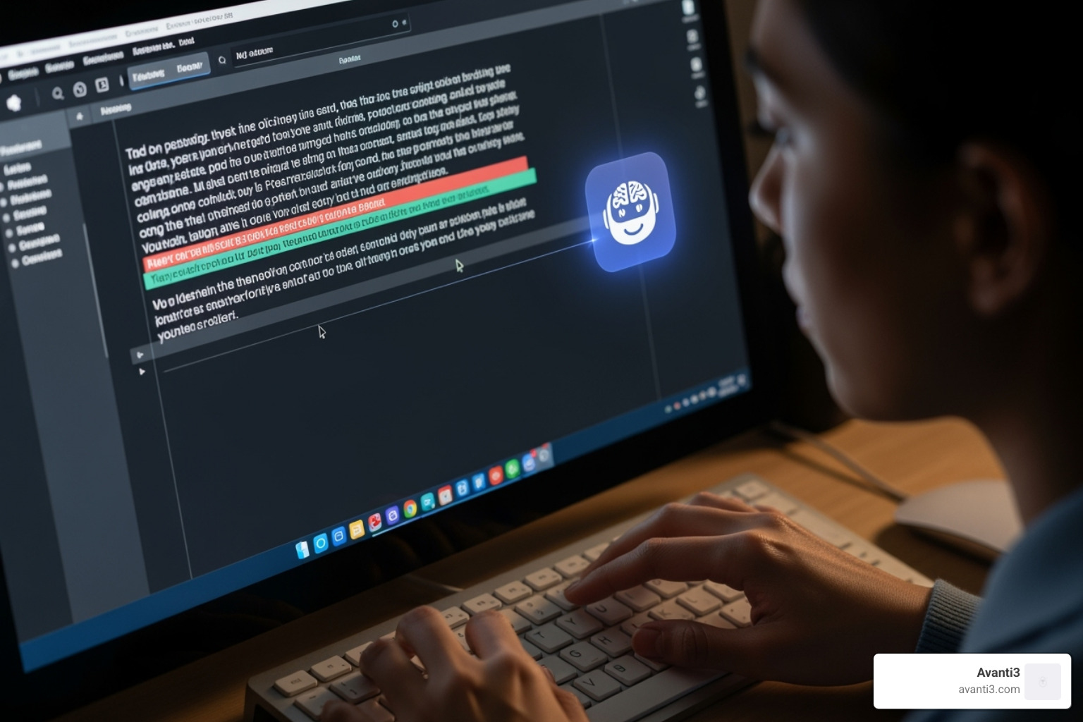 person editing and refining text on a screen with an AI assistant icon nearby - AI content generation