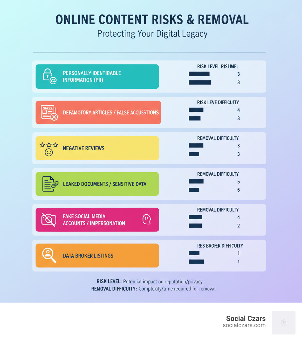 Comprehensive breakdown of damaging online content types including personally identifiable information, defamatory articles, negative reviews, leaked documents, compromising images, fake social media accounts, and data broker listings, with associated risk levels and removal difficulty ratings - Internet content removal infographic 