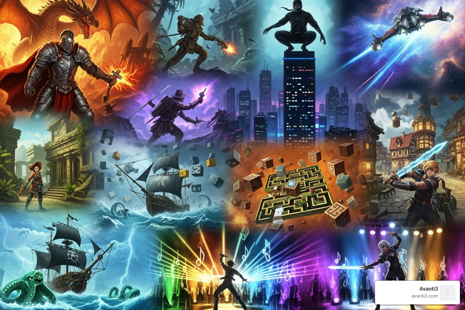 collage representing different game genres - 3d virtual reality game