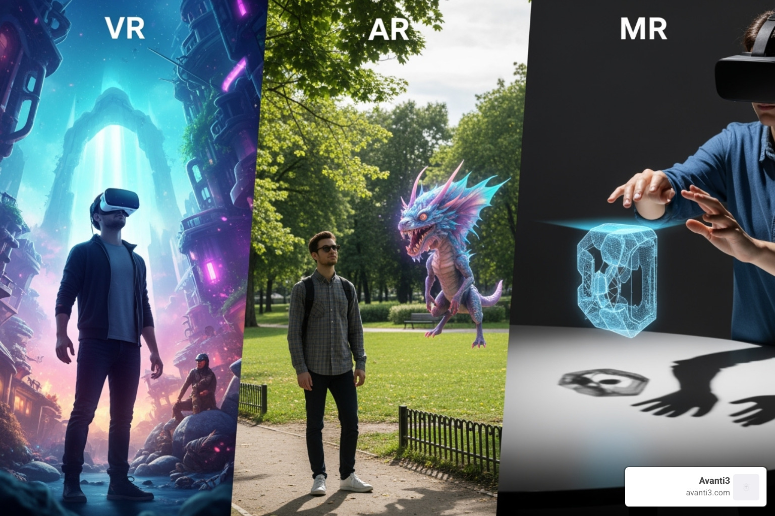 Infographic explaining VR, AR, and MR - 3d virtual reality game