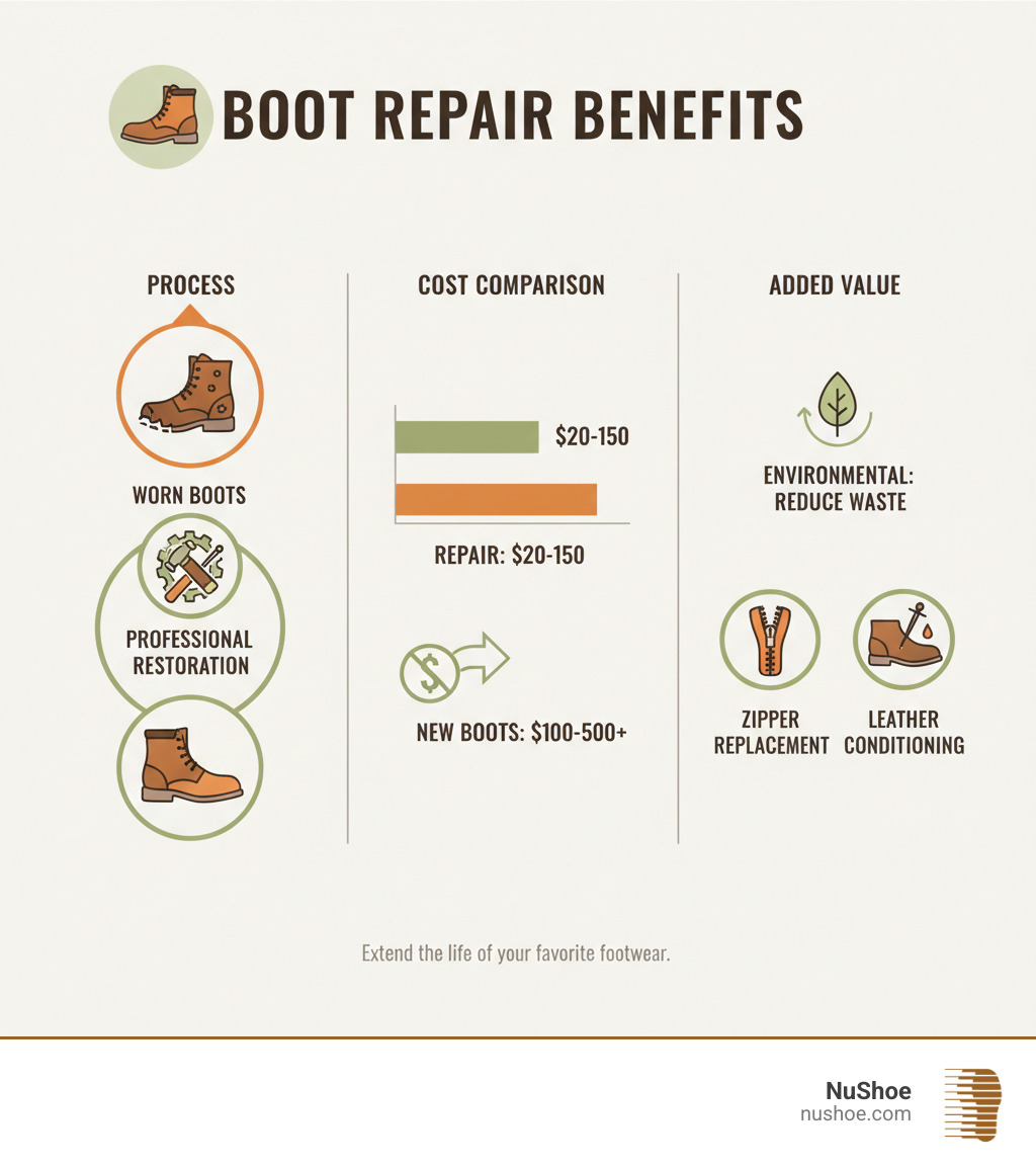 Infographic showing boot repair process from worn boots through professional restoration to renewed footwear, including cost comparison between repair ($20-150) versus new boots ($100-500+), environmental benefits of repair over replacement, and common repair services like resoling, zipper replacement, and leather conditioning - fix boots near me infographic Infographic showing boot repair process from worn boots through professional restoration to renewed footwear, including cost comparison between repair ($20-150) versus new boots ($100-500+), environmental benefits of repair over replacement, and common repair services like resoling, zipper replacement, and leather conditioning - fix boots near me infographic