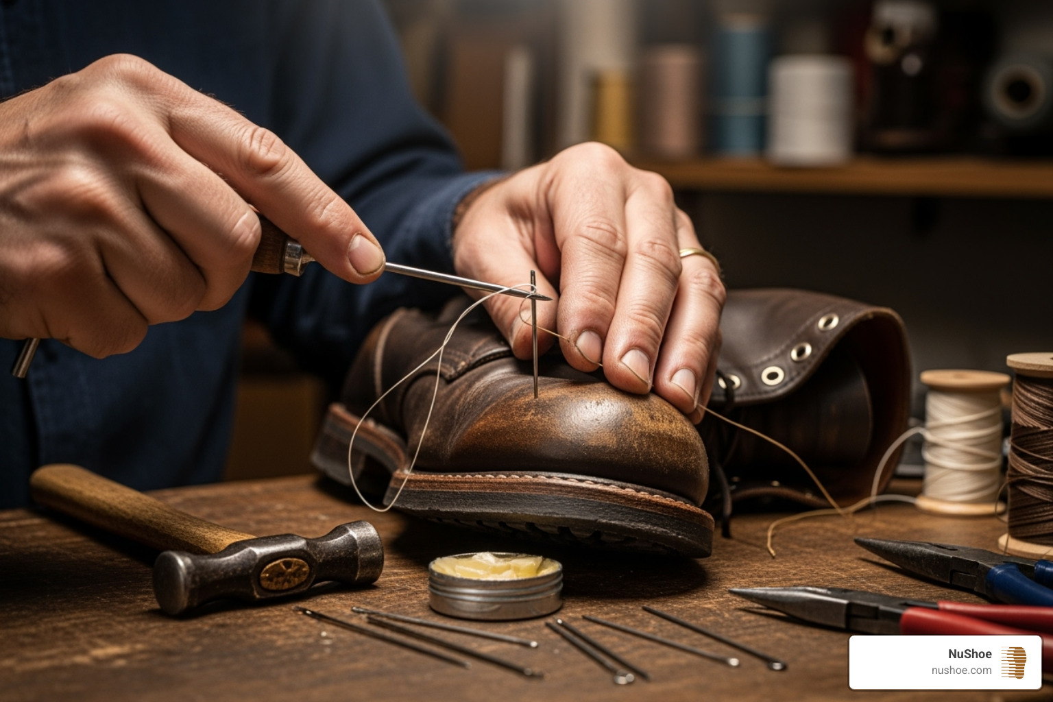 A craftsman at NuShoe carefully restoring a boot - fix boots near me A craftsman at NuShoe carefully restoring a boot - fix boots near me