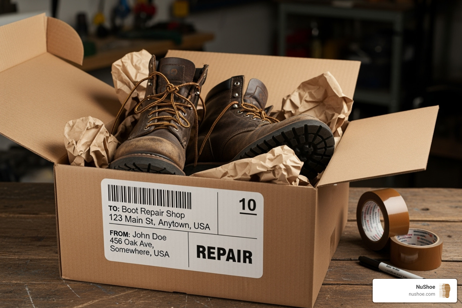 a shipping box with boots ready for mail-in repair - fix boots near me a shipping box with boots ready for mail-in repair - fix boots near me