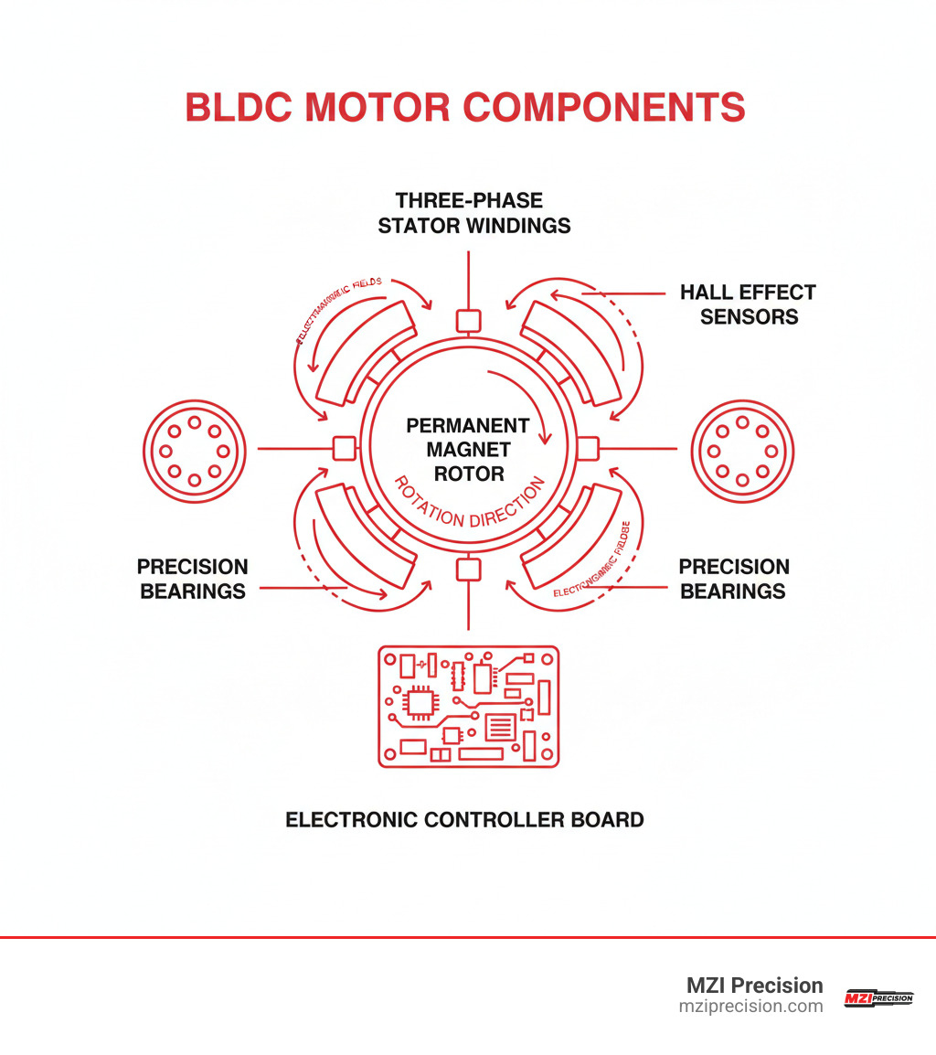 DETAILED INFOGRAPHIC SHOWING THE KEY COMPONENTS OF A BRUSHLESS DC MOTOR USED IN INDUSTRIAL SPINDLES: PERMANENT MAGNET ROTOR IN THE CENTER, THREE-PHASE STATOR WINDINGS SURROUNDING IT, HALL EFFECT SENSORS FOR POSITION FEEDBACK, ELECTRONIC CONTROLLER BOARD, AND PRECISION BEARINGS, WITH ARROWS INDICATING THE ELECTROMAGNETIC FIELDS AND ROTATION DIRECTION - BRUSHLESS DC MOTOR REPAIR INFOGRAPHIC 