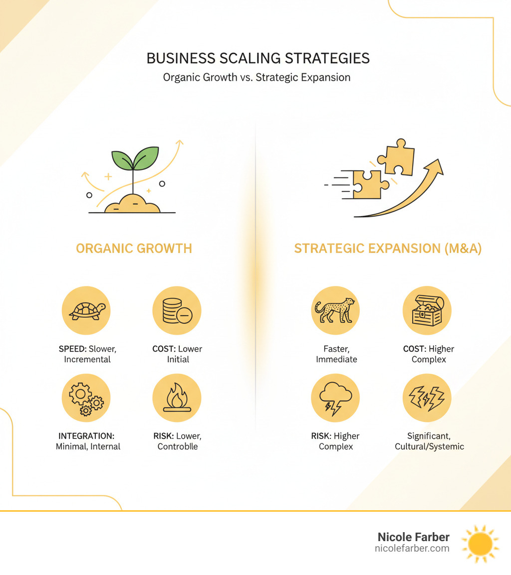 Table comparing the pros and cons of organic growth versus strategic expansion, including speed, cost, risk, and integration challenges - key strategies for growing a business infographic Table comparing the pros and cons of organic growth versus strategic expansion, including speed, cost, risk, and integration challenges - key strategies for growing a business infographic