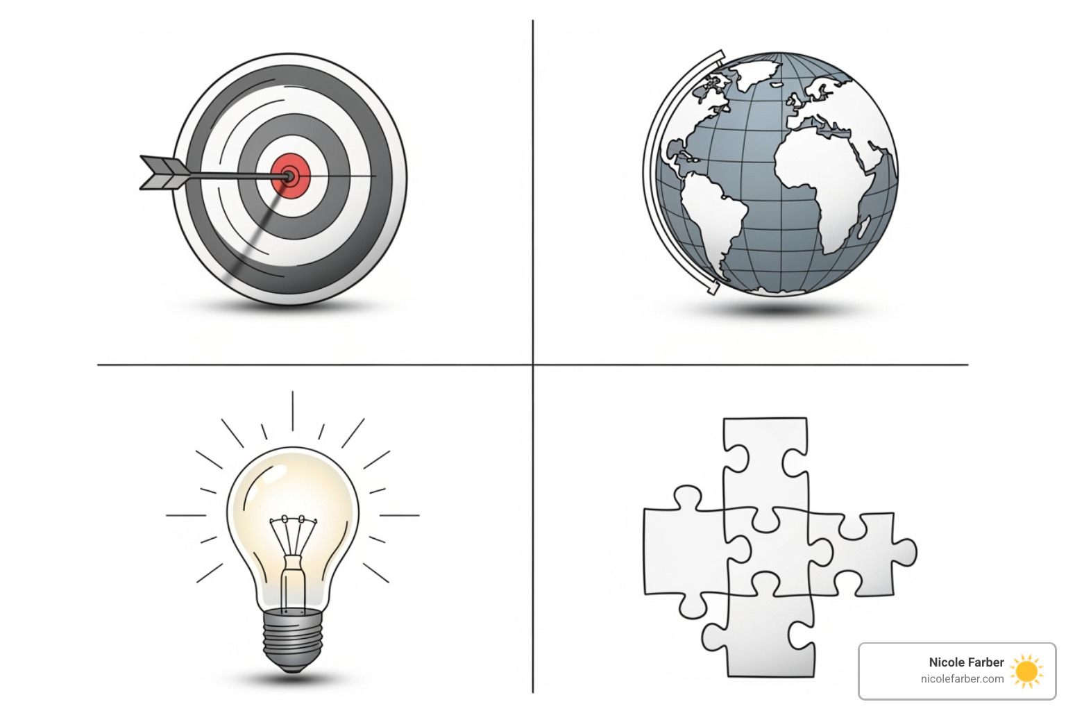 Ansoff Matrix illustration with icons for Market Penetration (bullseye), Market Development (globe), Product Development (lightbulb), and Diversification (puzzle pieces) - key strategies for growing a business Ansoff Matrix illustration with icons for Market Penetration (bullseye), Market Development (globe), Product Development (lightbulb), and Diversification (puzzle pieces) - key strategies for growing a business