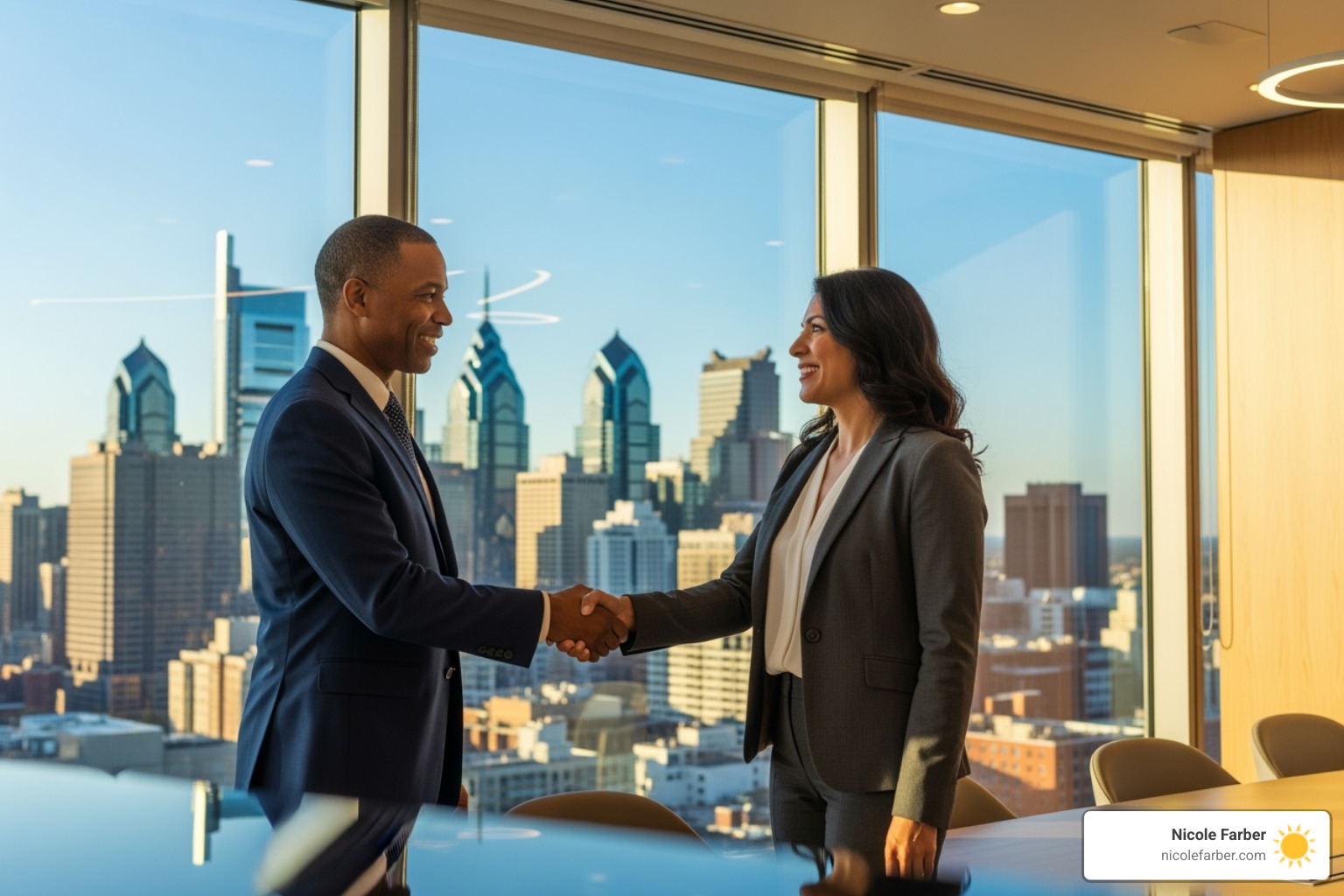 Two diverse business leaders shaking hands in a modern office in Philadelphia, symbolizing a successful strategic partnership - key strategies for growing a business Two diverse business leaders shaking hands in a modern office in Philadelphia, symbolizing a successful strategic partnership - key strategies for growing a business