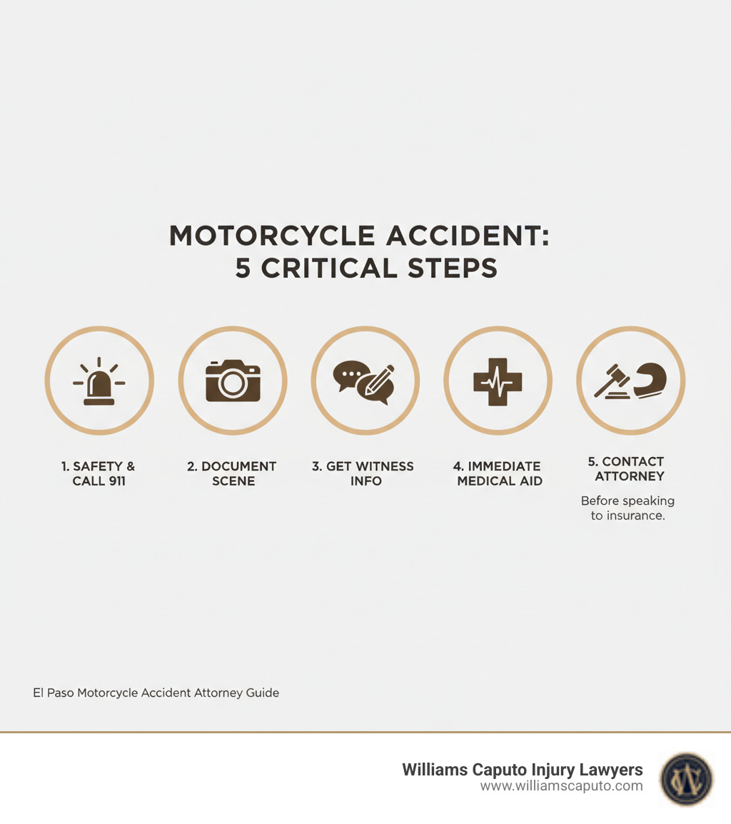 Infographic showing the first 5 critical steps after a motorcycle accident: 1. Ensure safety and call 911, 2. Document the scene with photos, 3. Get witness contact information, 4. Seek immediate medical attention, 5. Contact an experienced motorcycle accident attorney before speaking to insurance companies - el paso motorcycle accident attorney infographic Infographic showing the first 5 critical steps after a motorcycle accident: 1. Ensure safety and call 911, 2. Document the scene with photos, 3. Get witness contact information, 4. Seek immediate medical attention, 5. Contact an experienced motorcycle accident attorney before speaking to insurance companies - el paso motorcycle accident attorney infographic