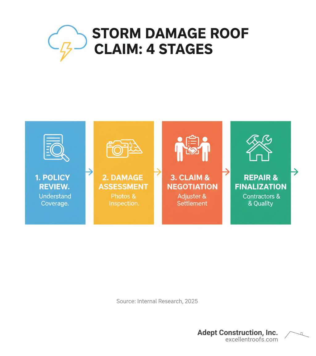 Infographic showing the 4 main stages of a roof insurance claim: 1. Policy Review and Coverage Understanding, 2. Immediate Damage Assessment and Documentation with photos and professional inspection, 3. Claim Filing and Negotiation including adjuster meetings and settlement review, 4. Repair Coordination and Finalization with licensed contractors and quality completion - storm damage roof insurance claim infographic 