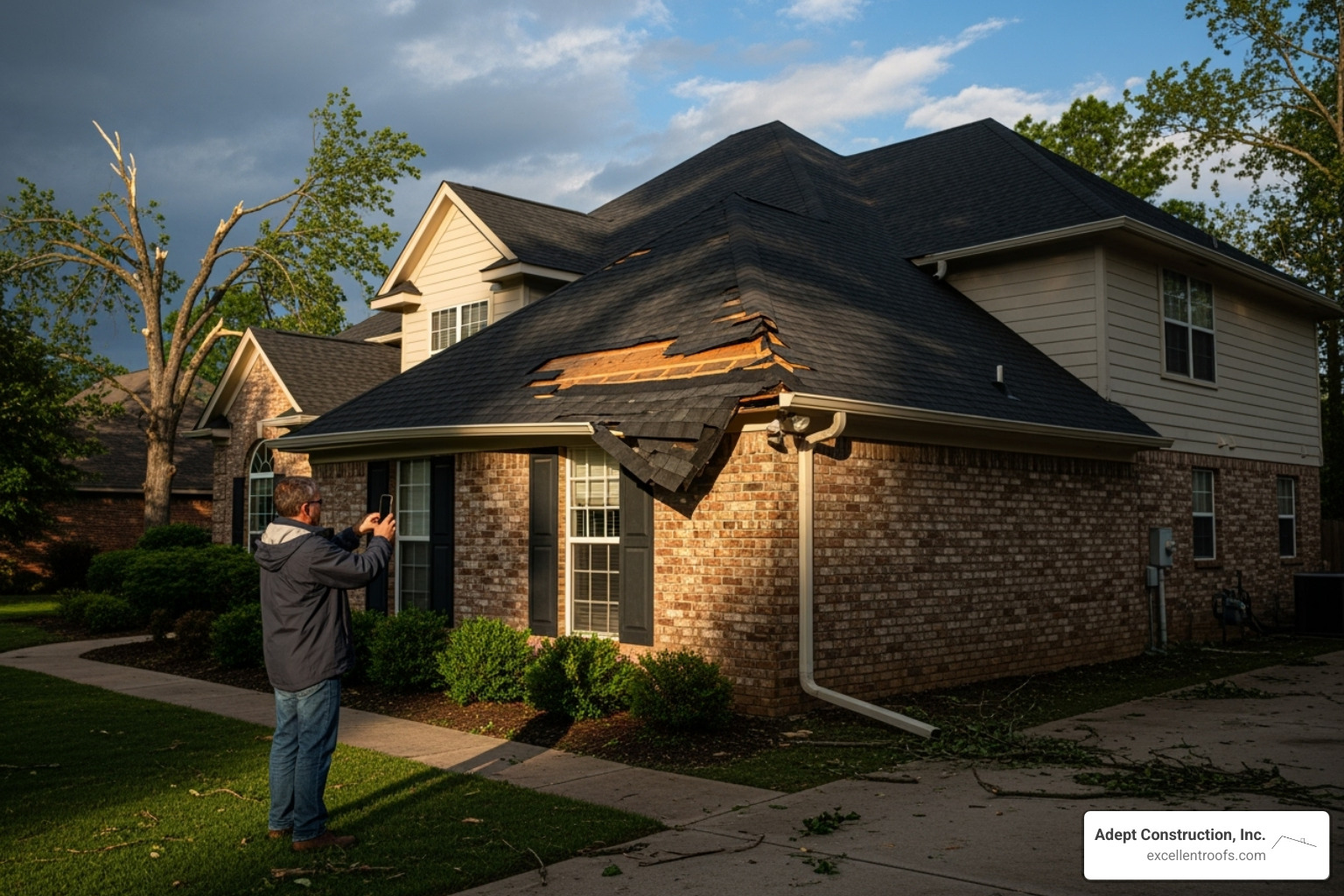 Image of a homeowner safely taking photos of a damaged gutter and missing shingles from the ground - storm damage roof insurance claim