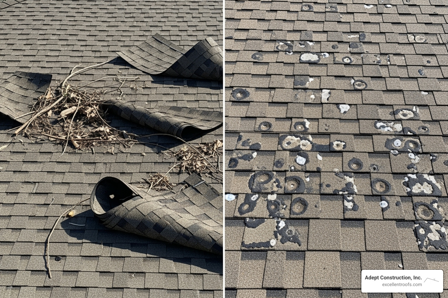 Image illustrating the difference between wind damage (creased/missing shingles) and hail damage (dents/bruises) on a shingle - storm damage roof insurance claim