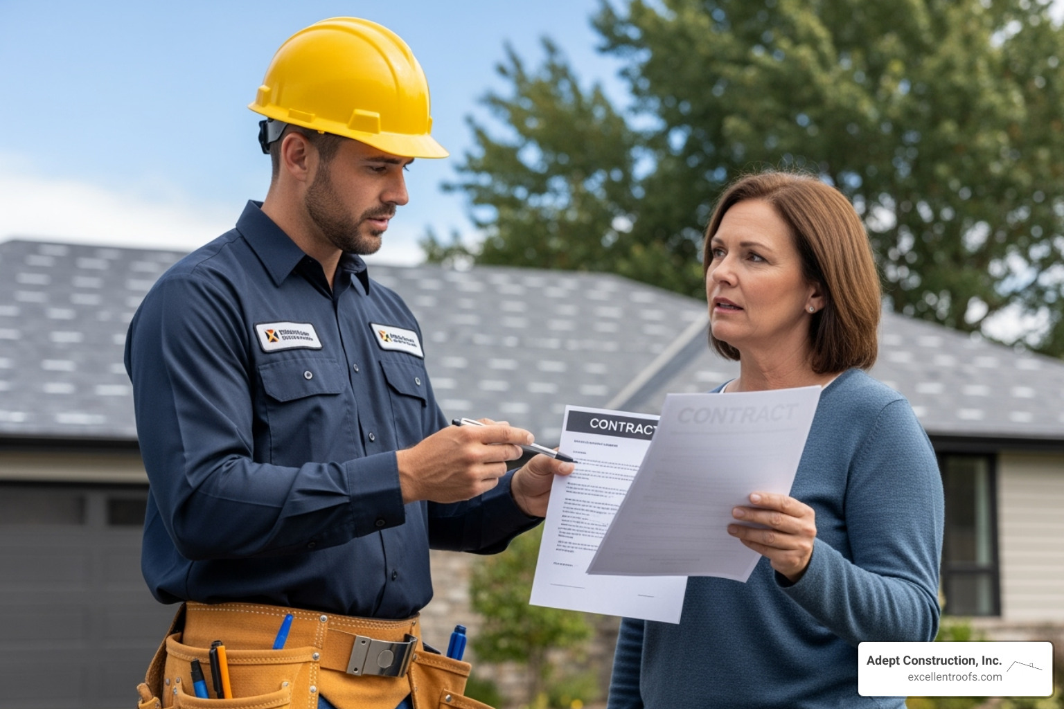 Image of a professional roofer in uniform pointing out details on a written contract to a homeowner - storm damage roof insurance claim
