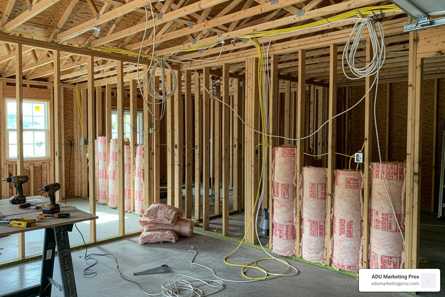 The interior of a garage during conversion, showing exposed wood framing, new electrical wiring, and insulation being installed, highlighting the various stages of construction. - cost to convert carport to garage The interior of a garage during conversion, showing exposed wood framing, new electrical wiring, and insulation being installed, highlighting the various stages of construction. - cost to convert carport to garage