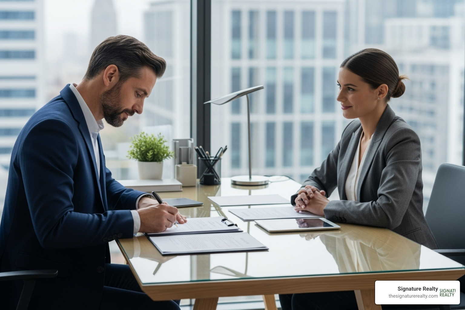 A business owner signing a lease document with a real estate agent at a modern office desk - office lease A business owner signing a lease document with a real estate agent at a modern office desk - office lease
