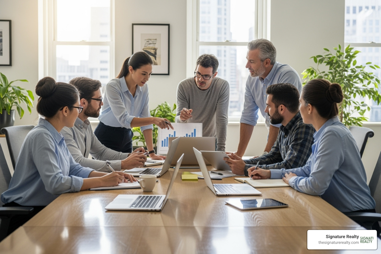 A diverse team collaborating in a bright, modern office space in Doral, FL - office lease A diverse team collaborating in a bright, modern office space in Doral, FL - office lease