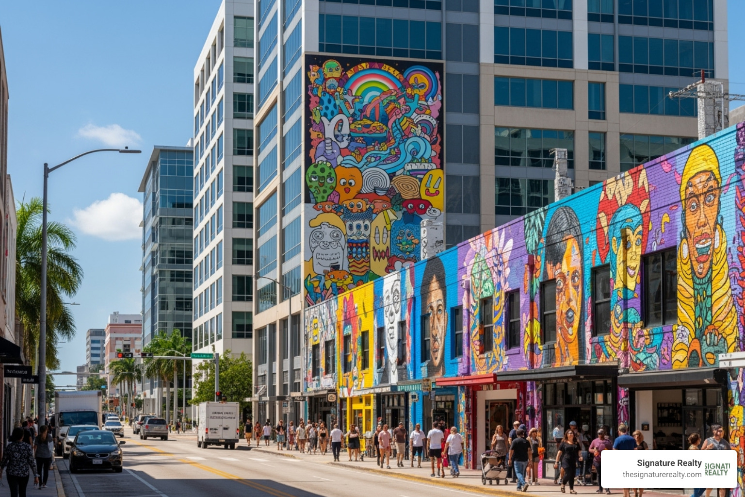 A busy street in the Wynwood arts district of Miami with office buildings and murals - office lease A busy street in the Wynwood arts district of Miami with office buildings and murals - office lease