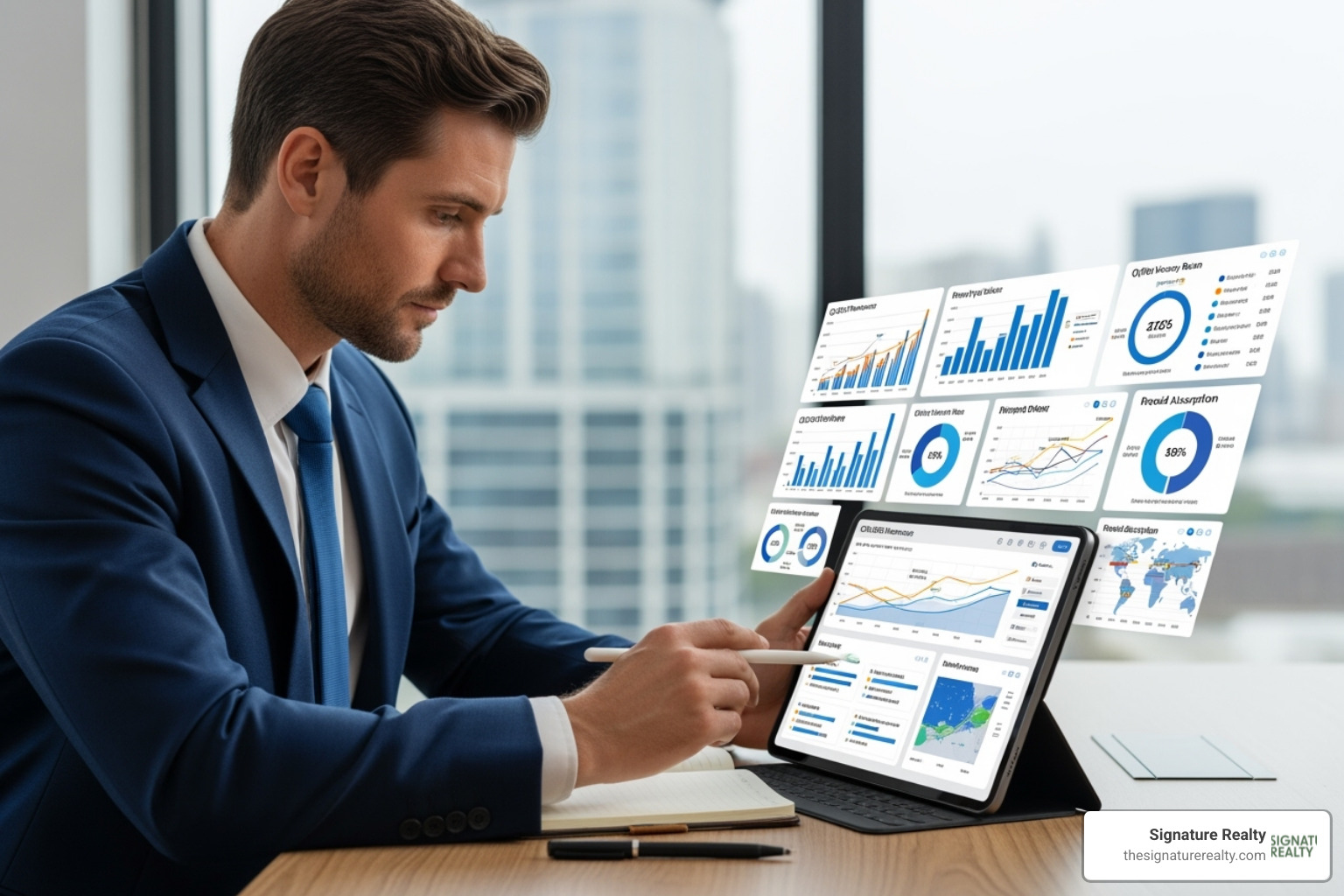 A commercial real estate broker uses a tablet to analyze data, with graphs and charts displayed on the screen. - Commercial real estate brokers Miami