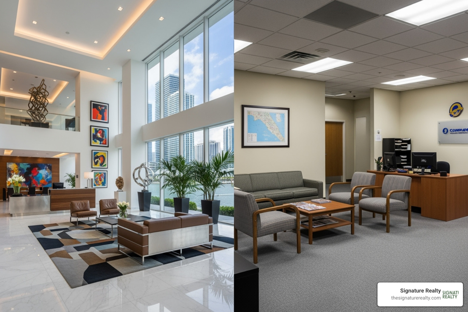 comparing a modern Class A office lobby in Brickell to a functional Class B space in Doral - Miami office rental prices