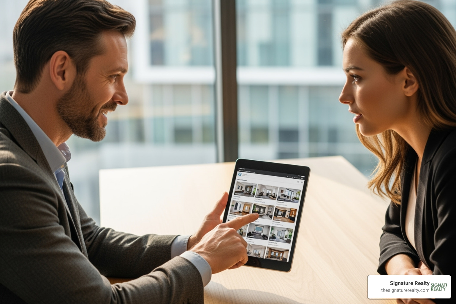 Close-up of a real estate agent using a tablet to show property listings to a client - Miami FL real estate agents Close-up of a real estate agent using a tablet to show property listings to a client - Miami FL real estate agents