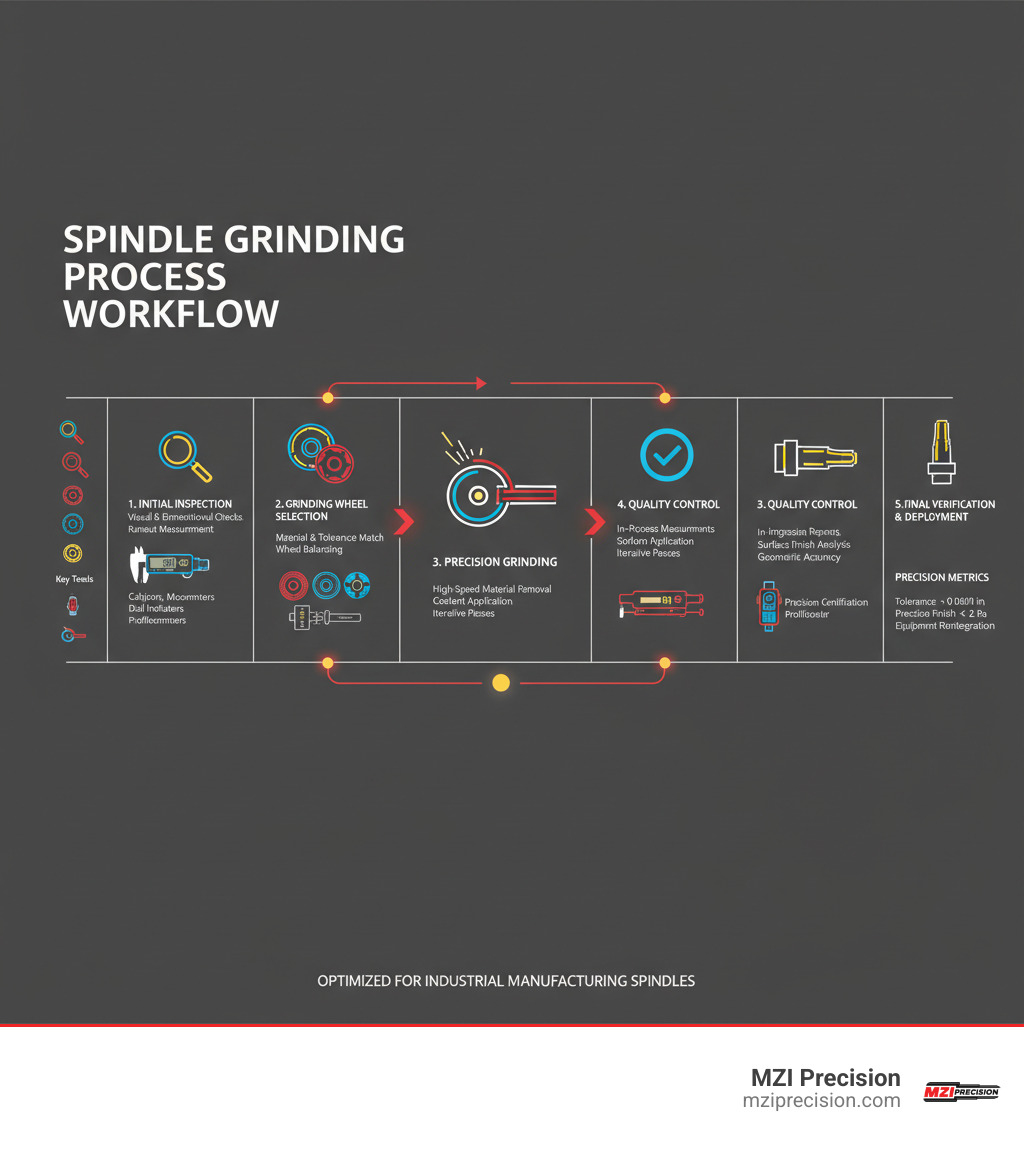 DETAILED INFOGRAPHIC SHOWING THE SPINDLE GRINDING PROCESS WORKFLOW, INCLUDING INSPECTION STAGES, GRINDING WHEEL SELECTION, PRECISION MEASUREMENT TOOLS, AND QUALITY CONTROL CHECKPOINTS FOR INDUSTRIAL MANUFACTURING SPINDLES - SPINDLE GRINDING INFOGRAPHIC 