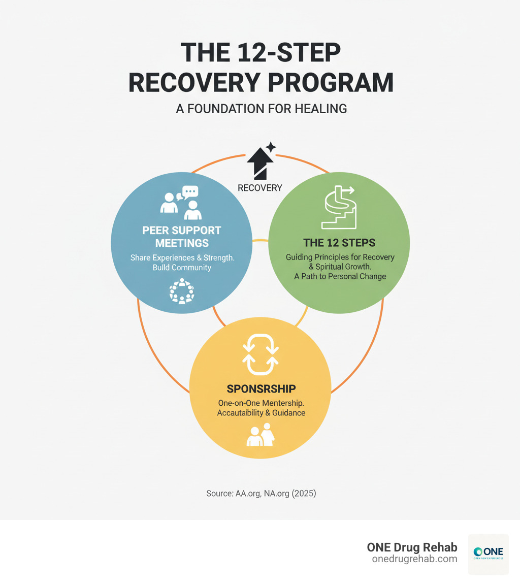 Infographic showing the 12-step program structure with three main components: peer support meetings where members share experiences and strength, the 12 steps as guiding principles for recovery and spiritual growth, and sponsorship providing one-on-one mentorship and accountability - 12 step groups near me infographic Infographic showing the 12-step program structure with three main components: peer support meetings where members share experiences and strength, the 12 steps as guiding principles for recovery and spiritual growth, and sponsorship providing one-on-one mentorship and accountability - 12 step groups near me infographic