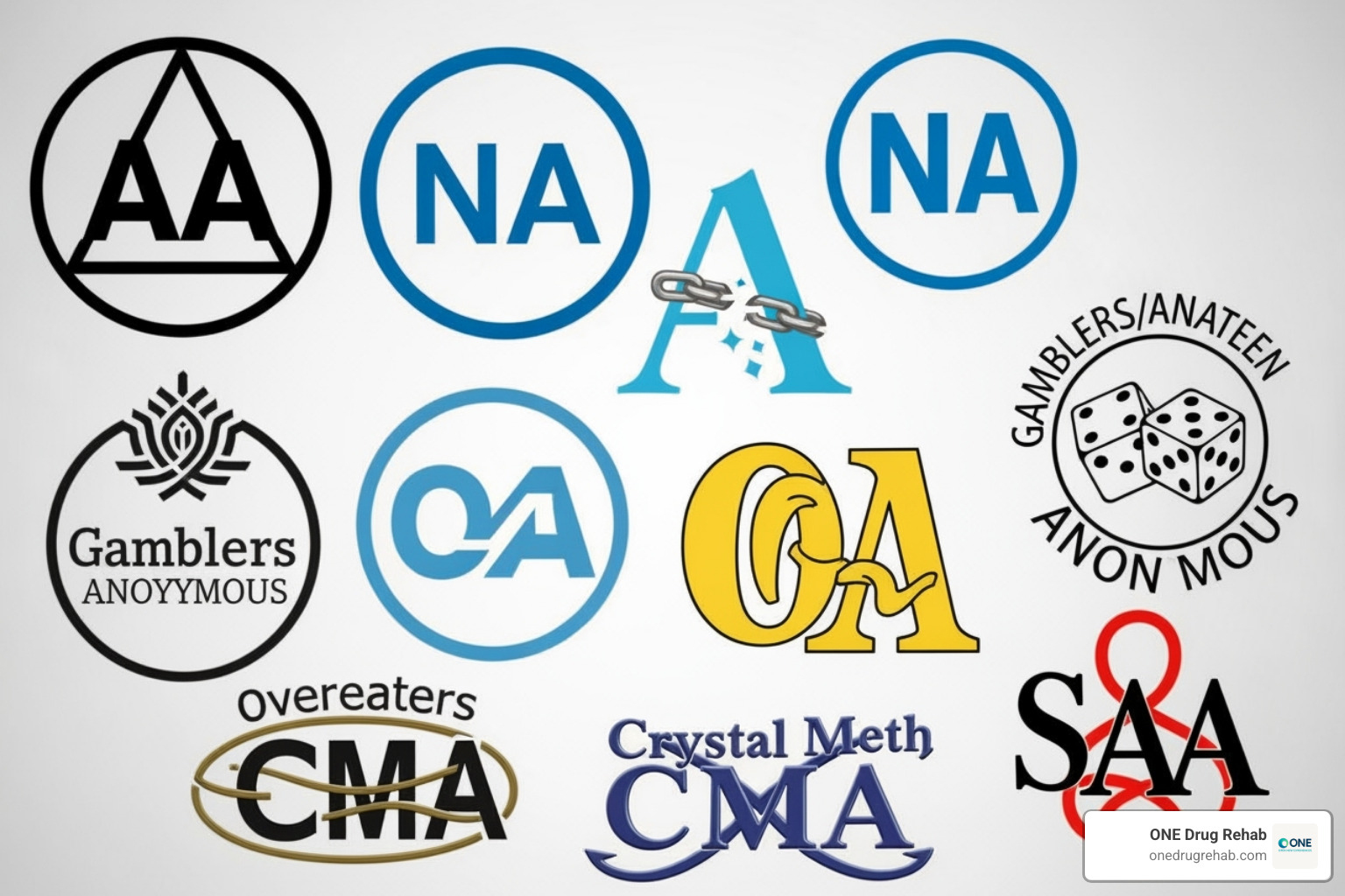 Collage of logos for various 12-step fellowships, including AA, NA, Al-Anon, GA, OA, CMA, SAA, etc. - 12 step groups near me Collage of logos for various 12-step fellowships, including AA, NA, Al-Anon, GA, OA, CMA, SAA, etc. - 12 step groups near me