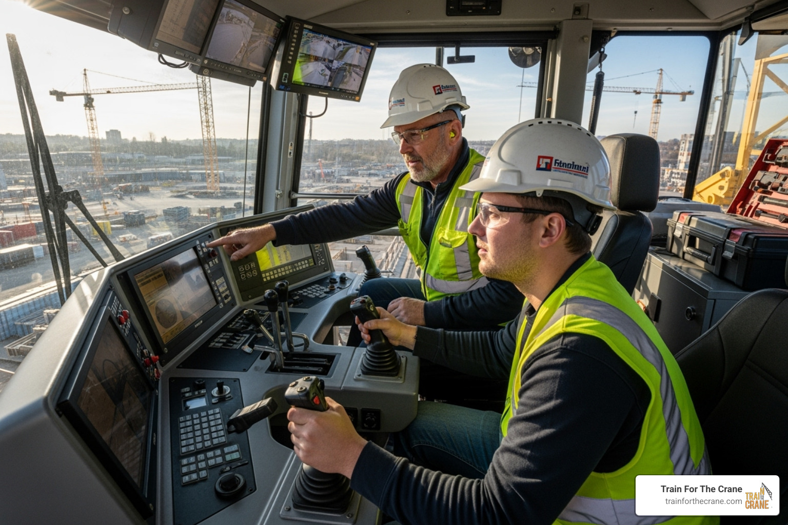 instructor guiding a student during hands-on crane practice - how much does a crane operator course cost