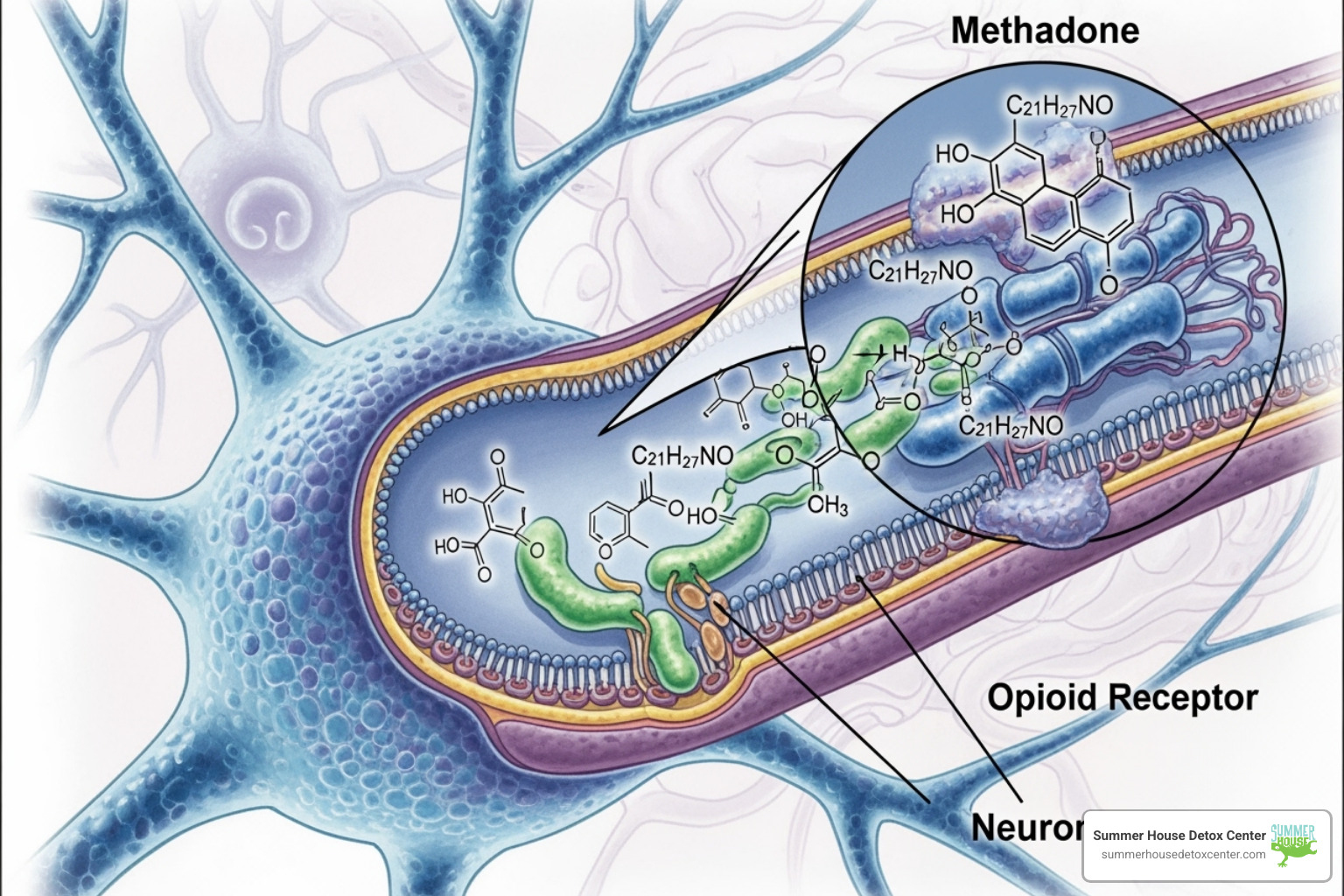 Diagram of methadone binding to opioid receptors in the brain - why is methadone used to detox Diagram of methadone binding to opioid receptors in the brain - why is methadone used to detox