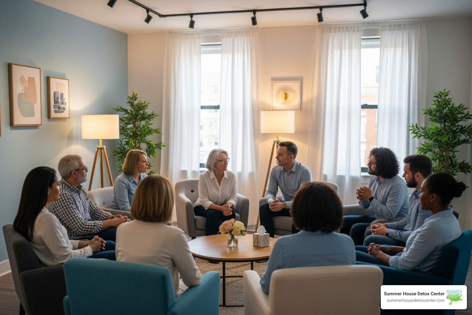A group therapy session in a bright, supportive environment - methadone detox protocol