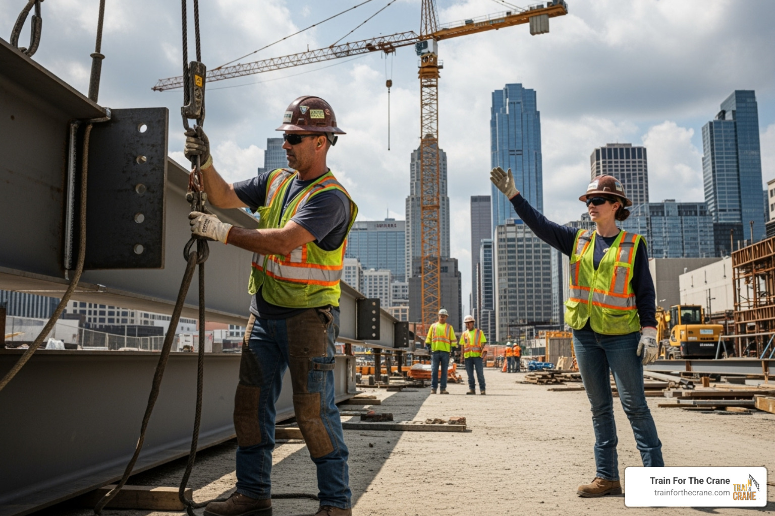 rigger and signalperson working together on a construction site - how much does a crane operator course cost