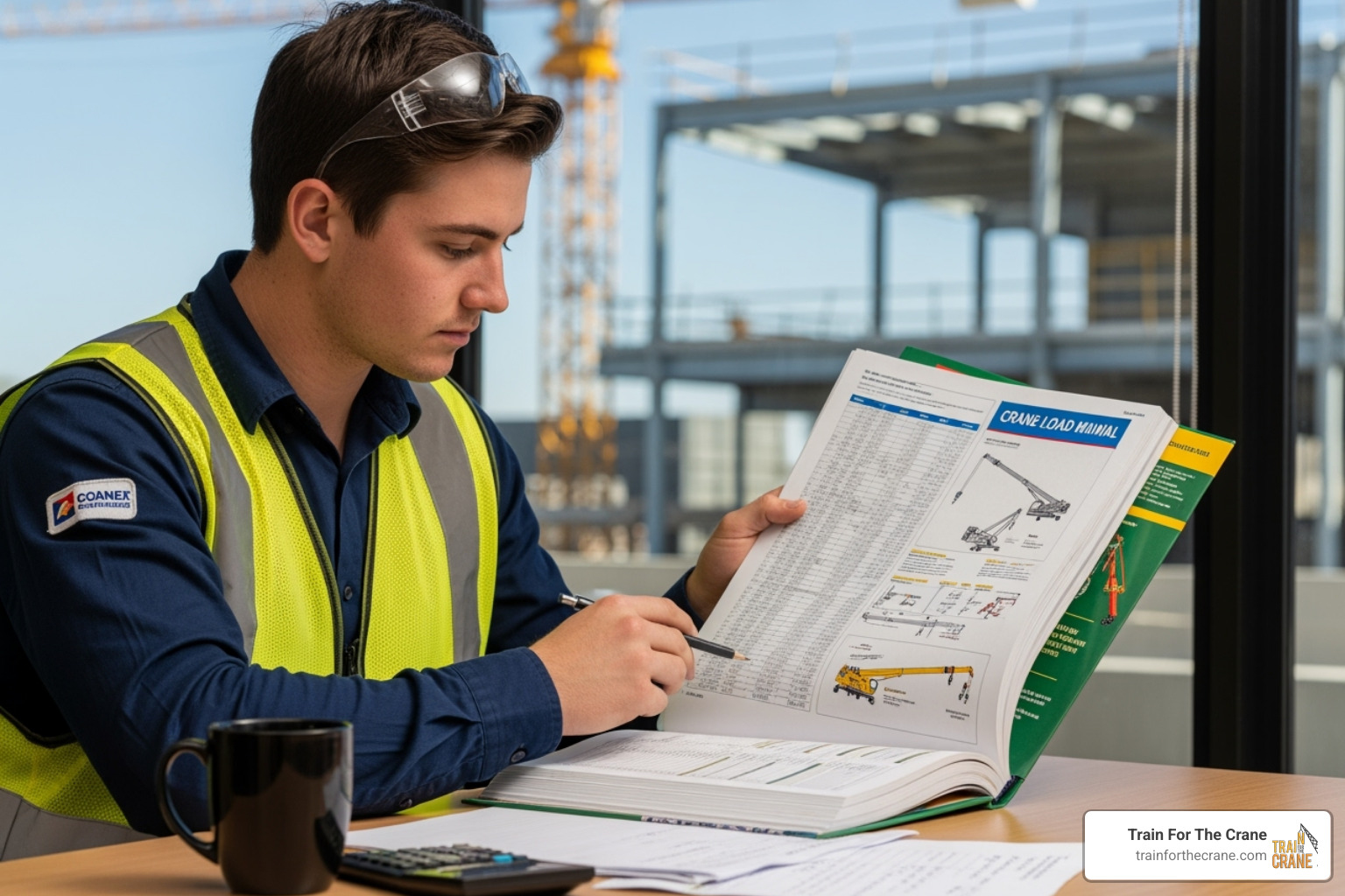 student studying a crane's load chart manual - how much does a crane operator course cost