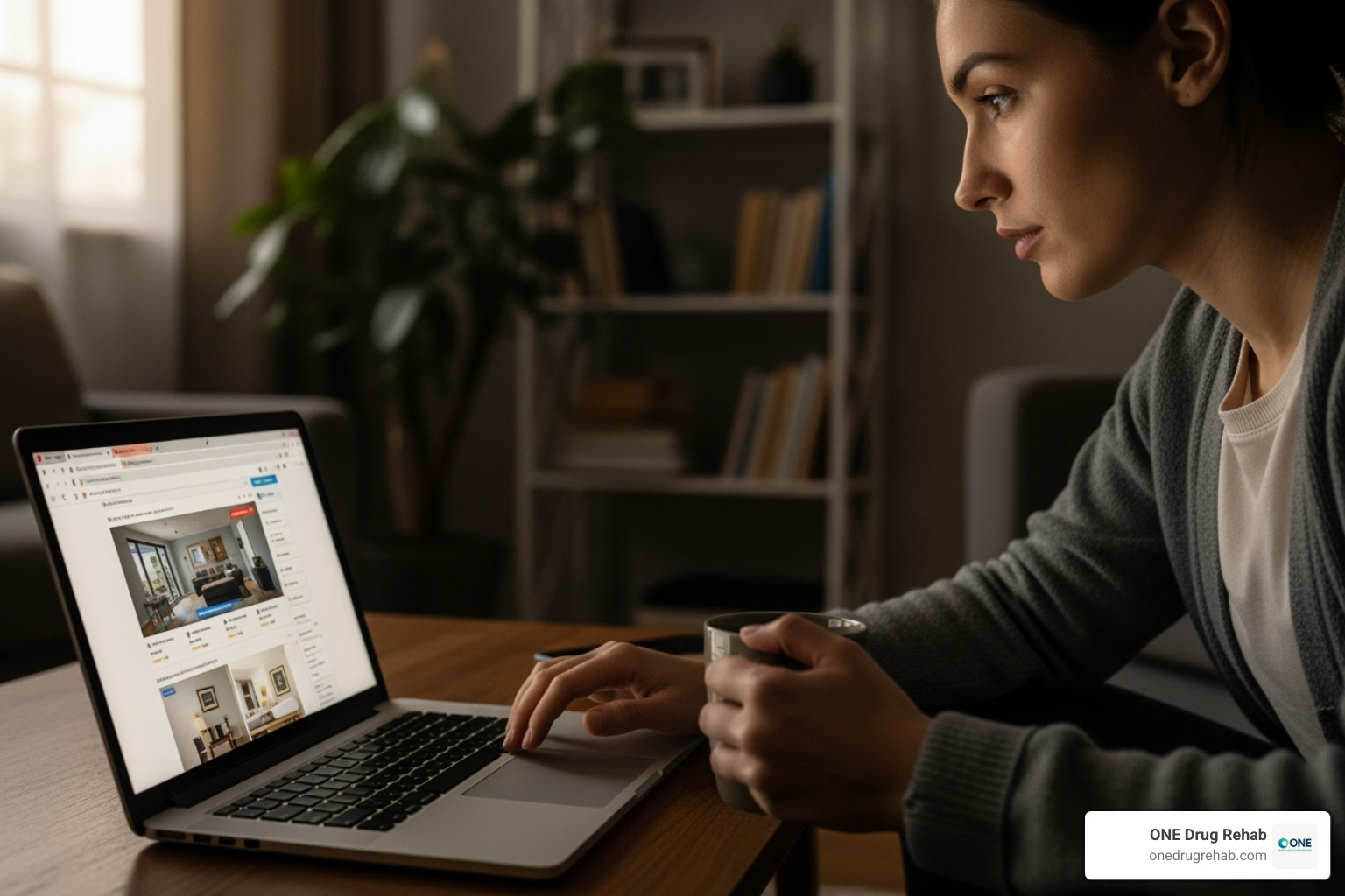 person using laptop to search for housing options - coed halfway houses near me