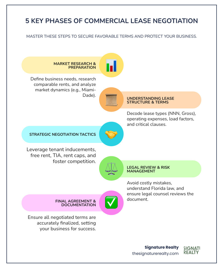 Infographic showing the 5 key phases of commercial lease negotiation: 1) Market Research & Preparation, 2) Understanding Lease Structure & Terms, 3) Strategic Negotiation Tactics, 4) Legal Review & Risk Management, 5) Final Agreement & Documentation - how to negotiate a lease on commercial property infographic infographic-line-5-steps-colors Infographic showing the 5 key phases of commercial lease negotiation: 1) Market Research & Preparation, 2) Understanding Lease Structure & Terms, 3) Strategic Negotiation Tactics, 4) Legal Review & Risk Management, 5) Final Agreement & Documentation - how to negotiate a lease on commercial property infographic infographic-line-5-steps-colors