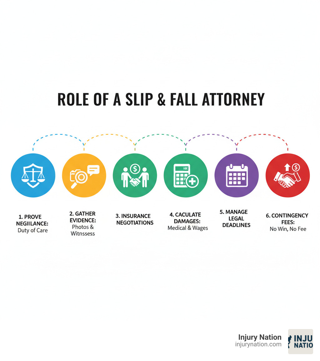 Infographic showing the role of a slip and fall attorney including proving negligence through duty of care establishment, evidence gathering with photos and witness statements, insurance company negotiations, damage calculations for medical expenses and lost wages, legal deadline management, and contingency fee arrangements - slip and fall lawyer attorney infographic 