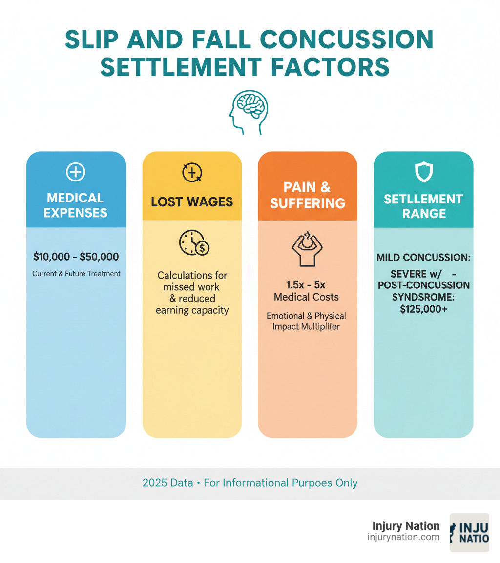 Infographic showing slip and fall concussion settlement factors including medical expenses ranging from $10,000-50,000, lost wages calculations, pain and suffering multipliers of 1.5-5x medical costs, and settlement ranges from $20,000 for mild concussions to $125,000+ for severe cases with post-concussion syndrome - slip and fall concussion settlement infographic Infographic showing slip and fall concussion settlement factors including medical expenses ranging from $10,000-50,000, lost wages calculations, pain and suffering multipliers of 1.5-5x medical costs, and settlement ranges from $20,000 for mild concussions to $125,000+ for severe cases with post-concussion syndrome - slip and fall concussion settlement infographic