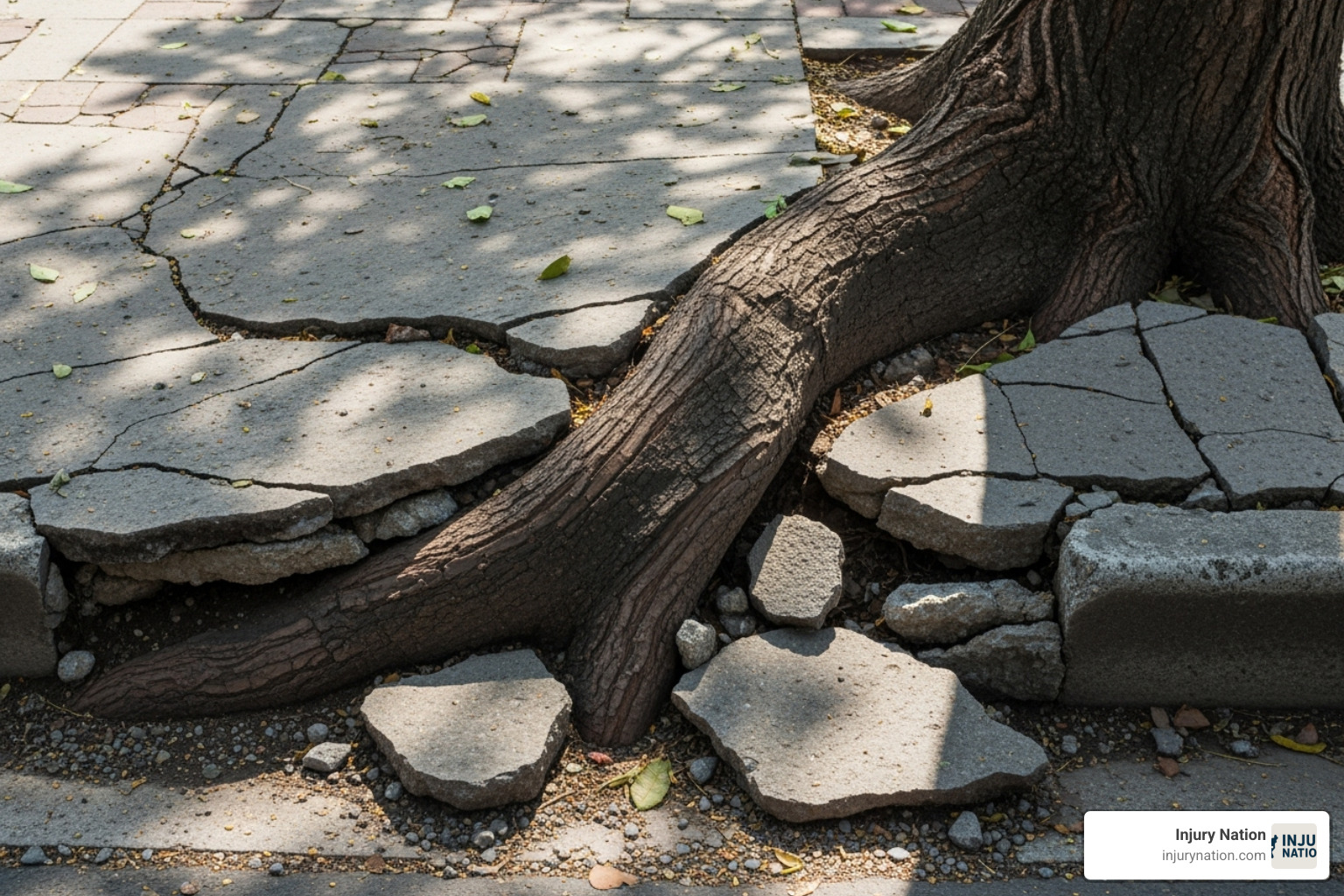 A large tree root has pushed up a section of concrete sidewalk, creating a significant uneven surface. - sidewalk falls injuries lawyer