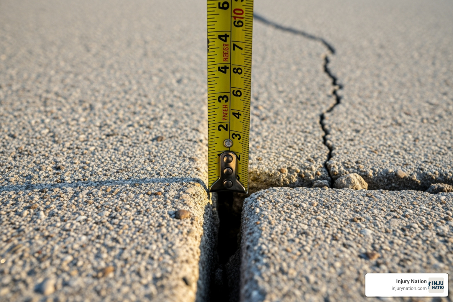 A close-up image of a cracked sidewalk with a measuring tape placed across the crack, showing a vertical displacement of approximately 1/2 inch. - sidewalk falls injuries lawyer