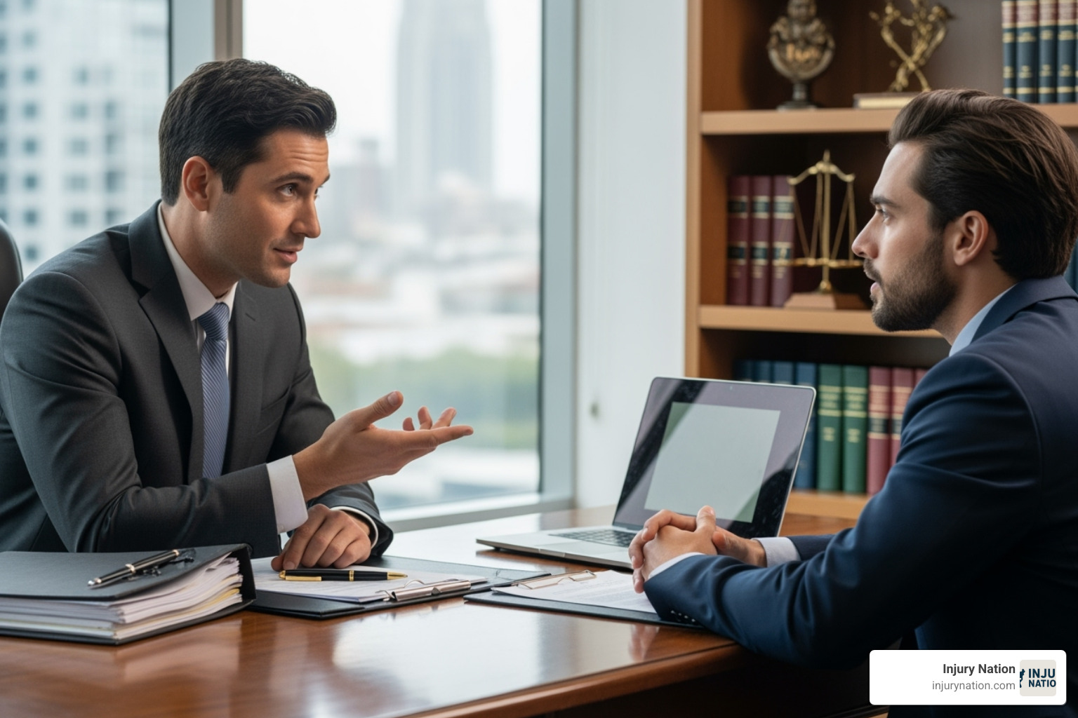 A lawyer in a professional setting confidently speaking with a client, who is listening attentively. - sidewalk falls injuries lawyer