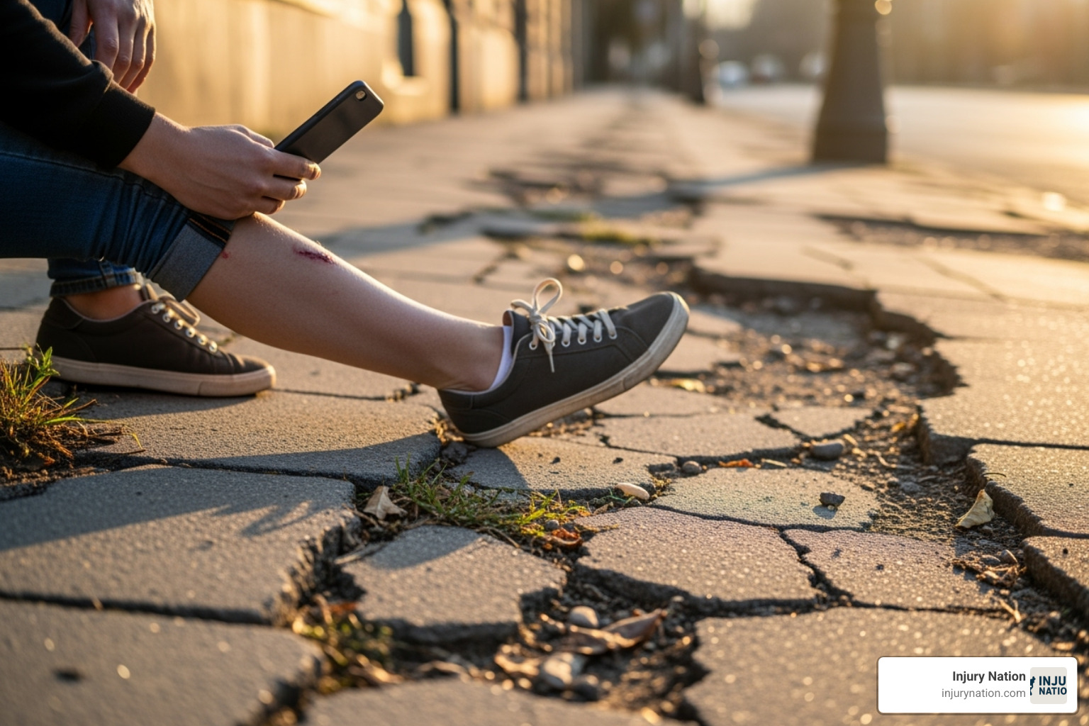 A person is sitting on the ground next to a cracked sidewalk, using their smartphone to photograph their injured leg and the hazardous pavement. - sidewalk falls injuries lawyer